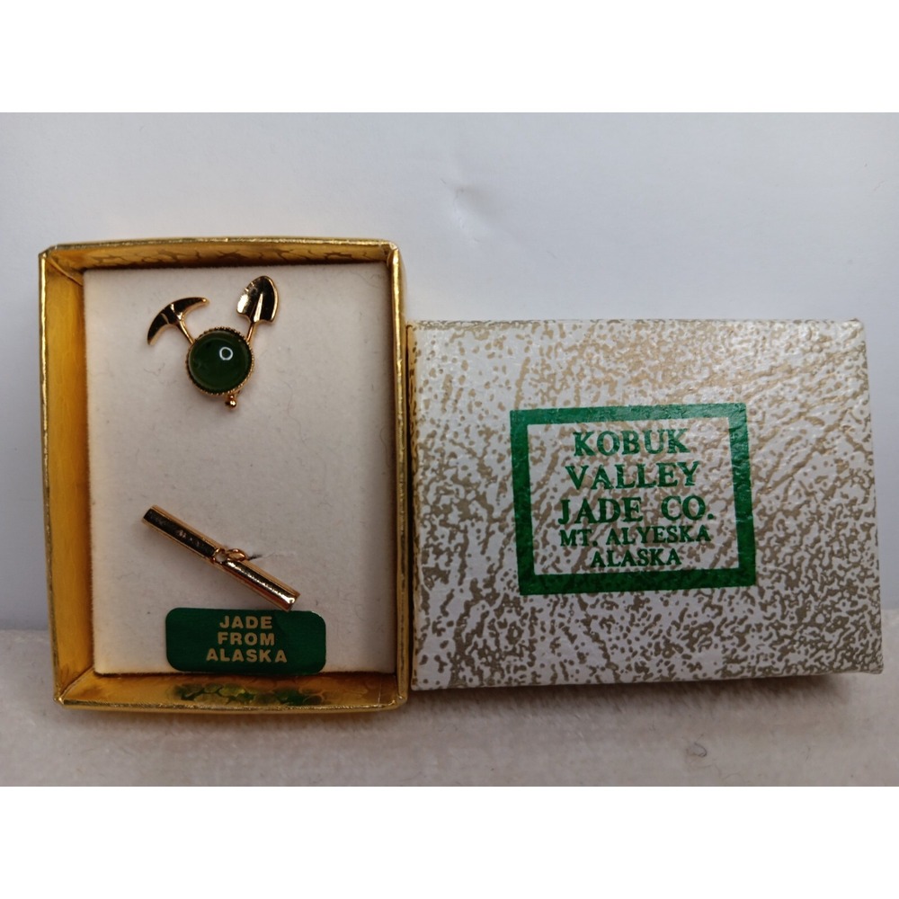 Kobuk Valley Jade Tie Tack Clip Set Alaska Green Stone Vintage Gift Boxed Mining